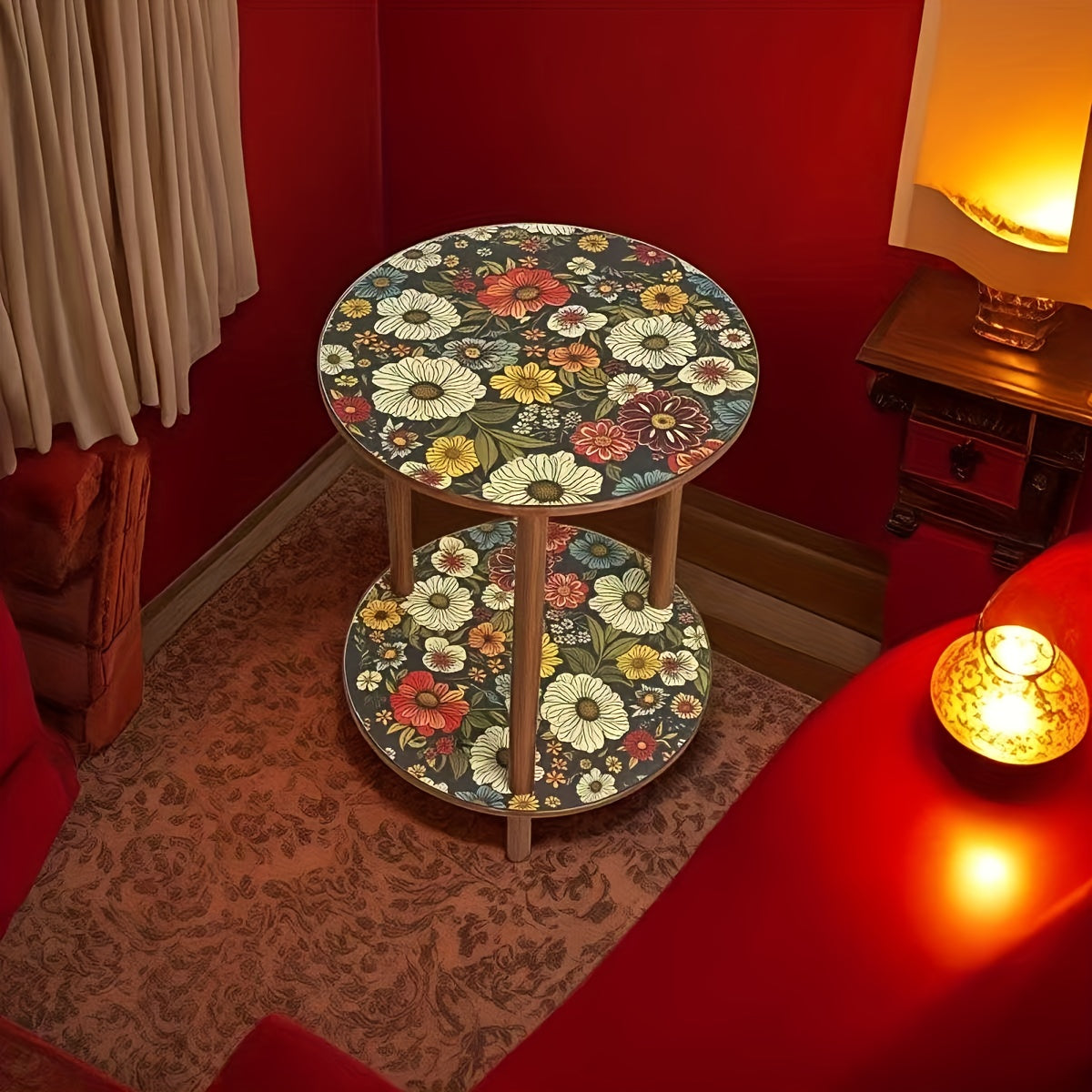 Retro Multifunctional Sofa Side Table & Balcony Coffee Table with Round Flower-Patterned Tabletop - Compact Space-Saving Design