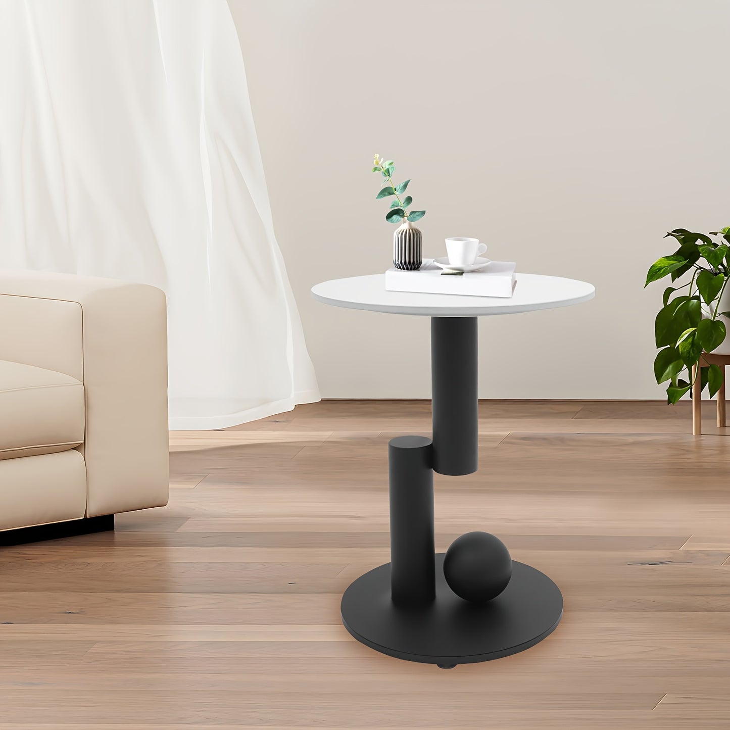 Modern Slate & Iron Round Coffee Table With Storage - 17.72inch Black & White Finish