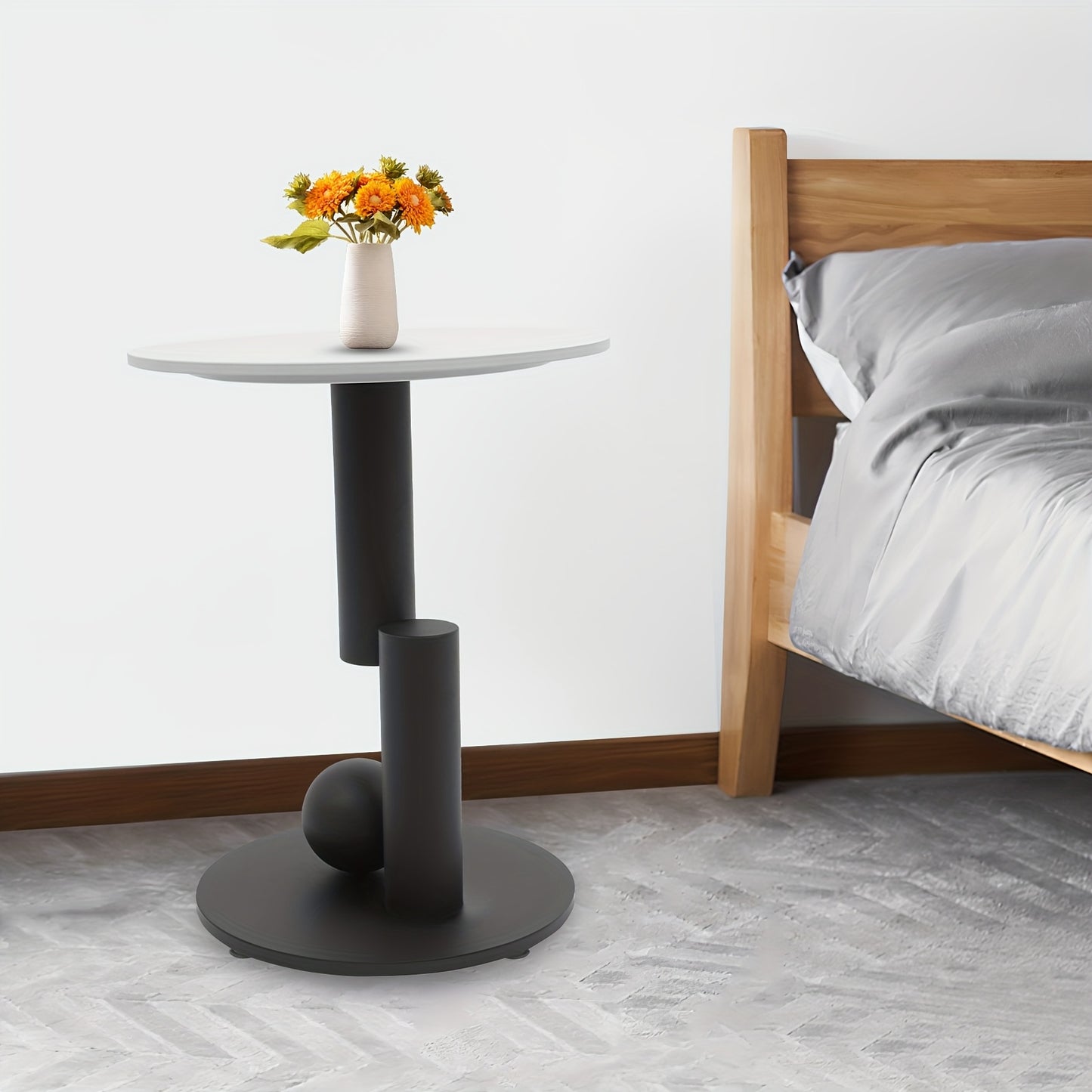 Modern Slate & Iron Round Coffee Table With Storage - 17.72inch Black & White Finish