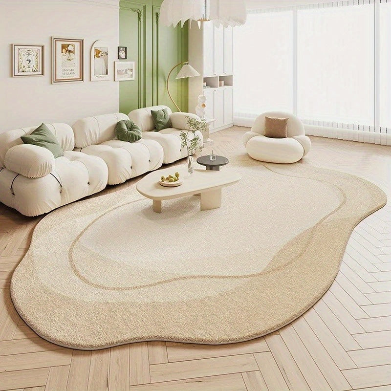 Soft Plush Cream Area Mat - Washable, Non-Slip, Irregular Shape, Suitable for Living Room and Bedroom Decor, Modern French Style, Light Green Background, Flowing Pattern, Comfortable and Elegant Design, Living Room Mat