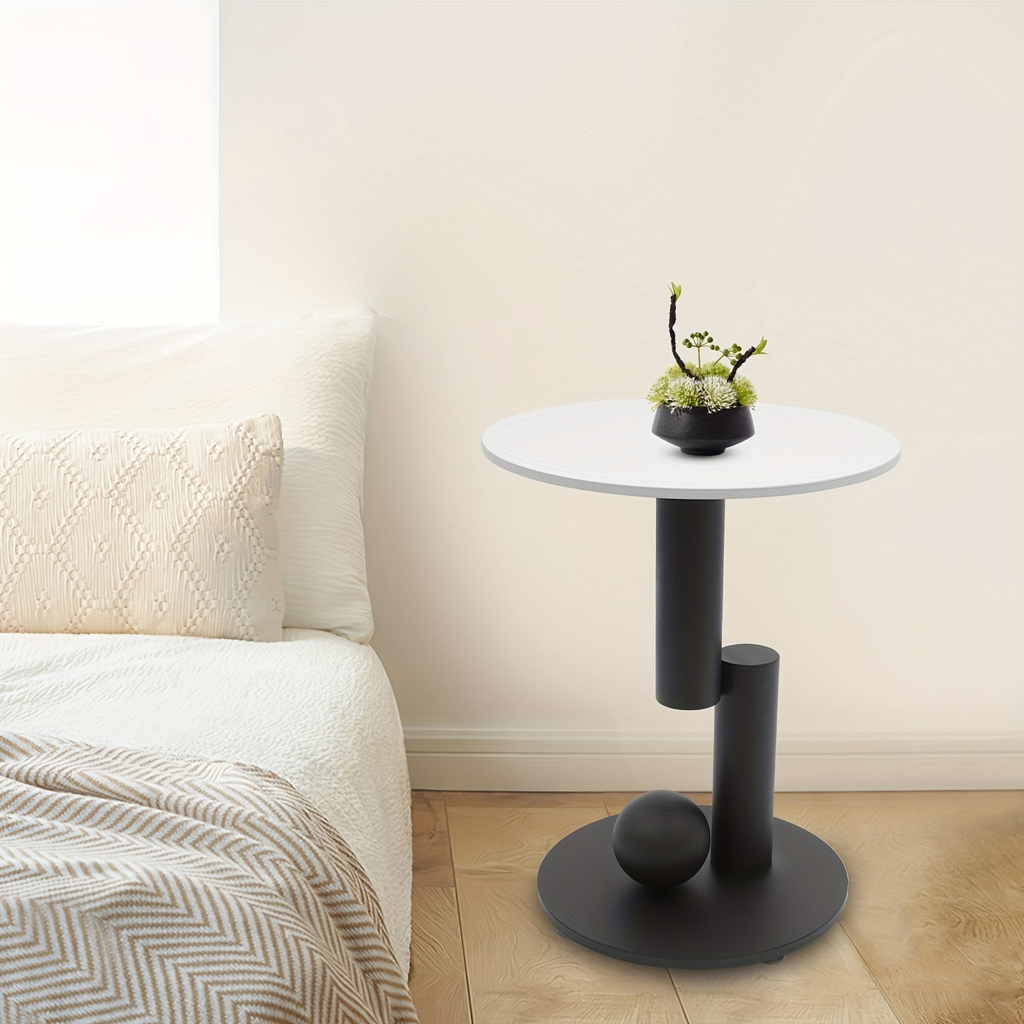 Modern Slate & Iron Round Coffee Table With Storage - 17.72inch Black & White Finish