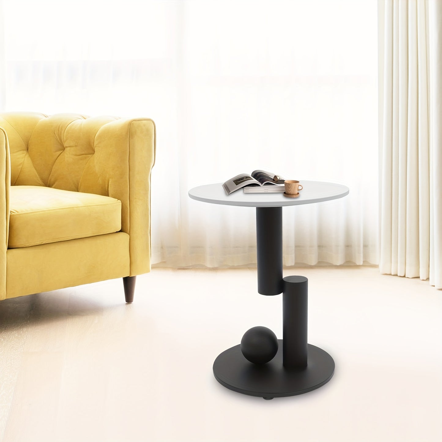 Modern Slate & Iron Round Coffee Table With Storage - 17.72inch Black & White Finish