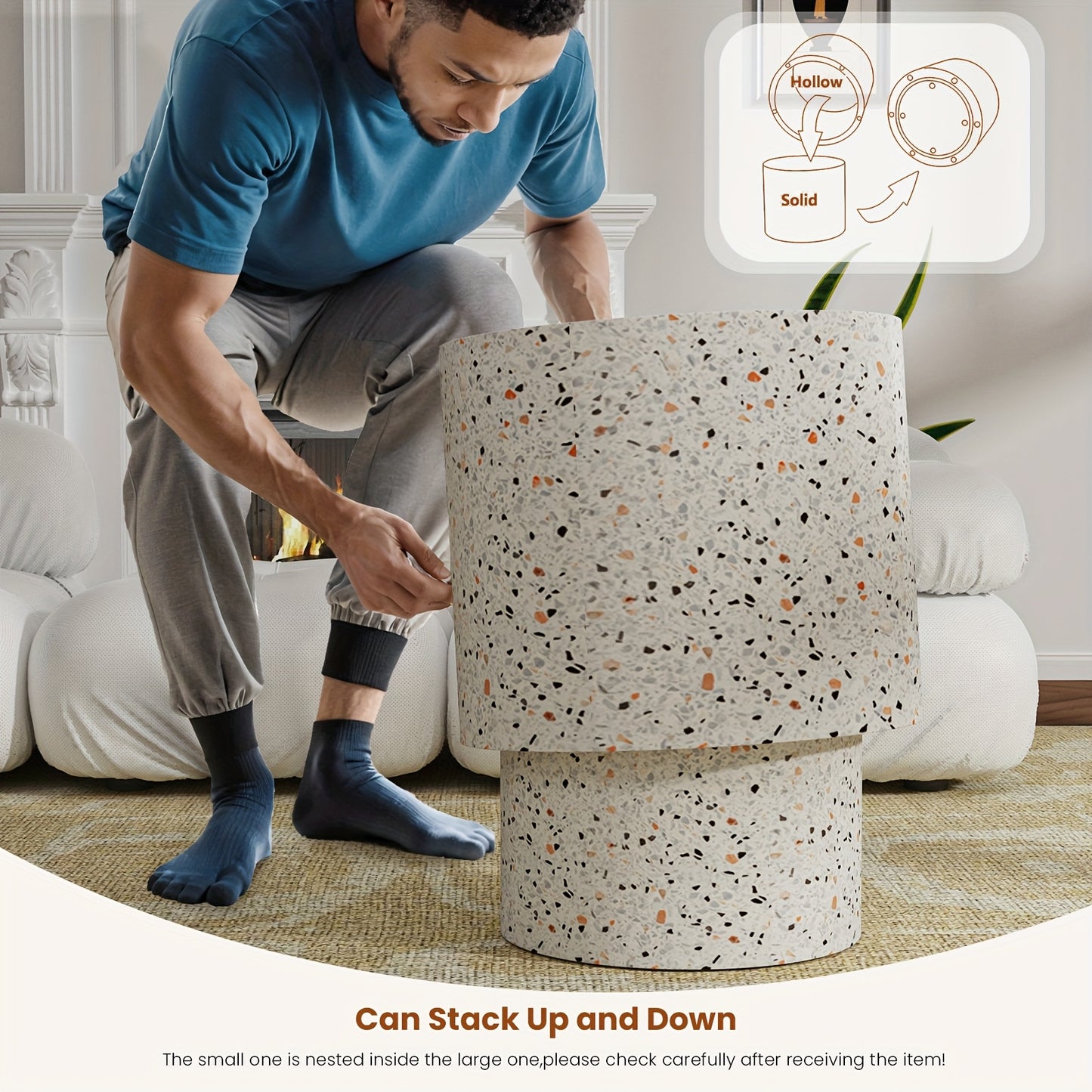 Round Nesting Coffee Table Set Of 2 Modern Round Coffee Tables For Living Room Terrazzo Grain Small Circular End Table Side Table For Bedroom Sofa Farmhouse