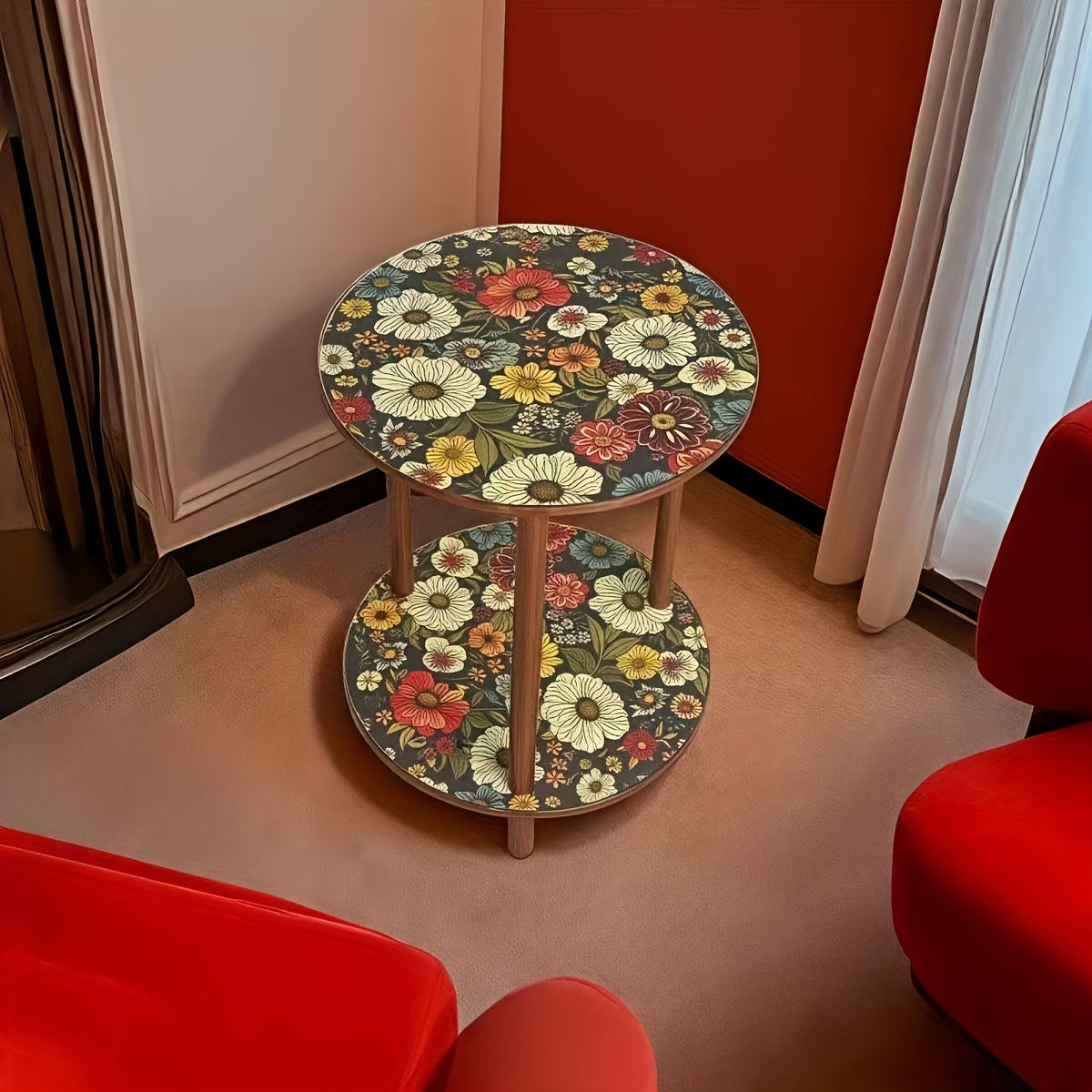 Retro Multifunctional Sofa Side Table & Balcony Coffee Table with Round Flower-Patterned Tabletop - Compact Space-Saving Design
