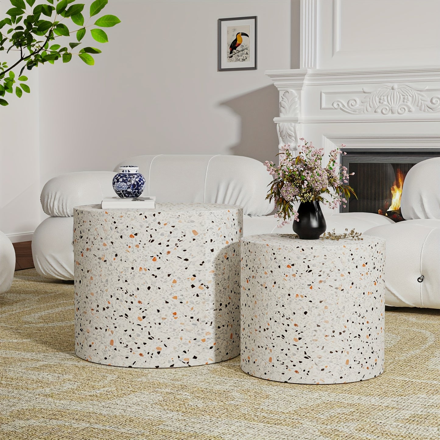 Round Nesting Coffee Table Set Of 2 Modern Round Coffee Tables For Living Room Terrazzo Grain Small Circular End Table Side Table For Bedroom Sofa Farmhouse
