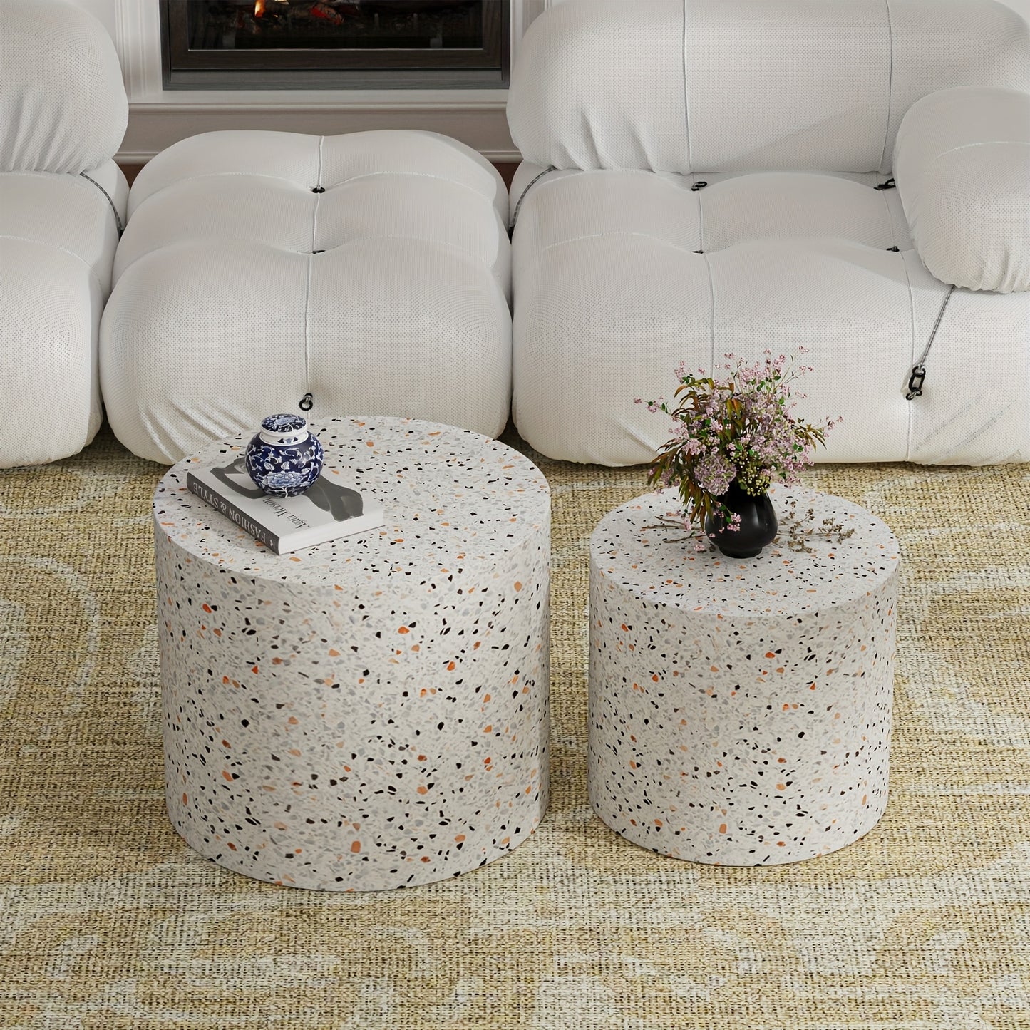 Round Nesting Coffee Table Set Of 2 Modern Round Coffee Tables For Living Room Terrazzo Grain Small Circular End Table Side Table For Bedroom Sofa Farmhouse