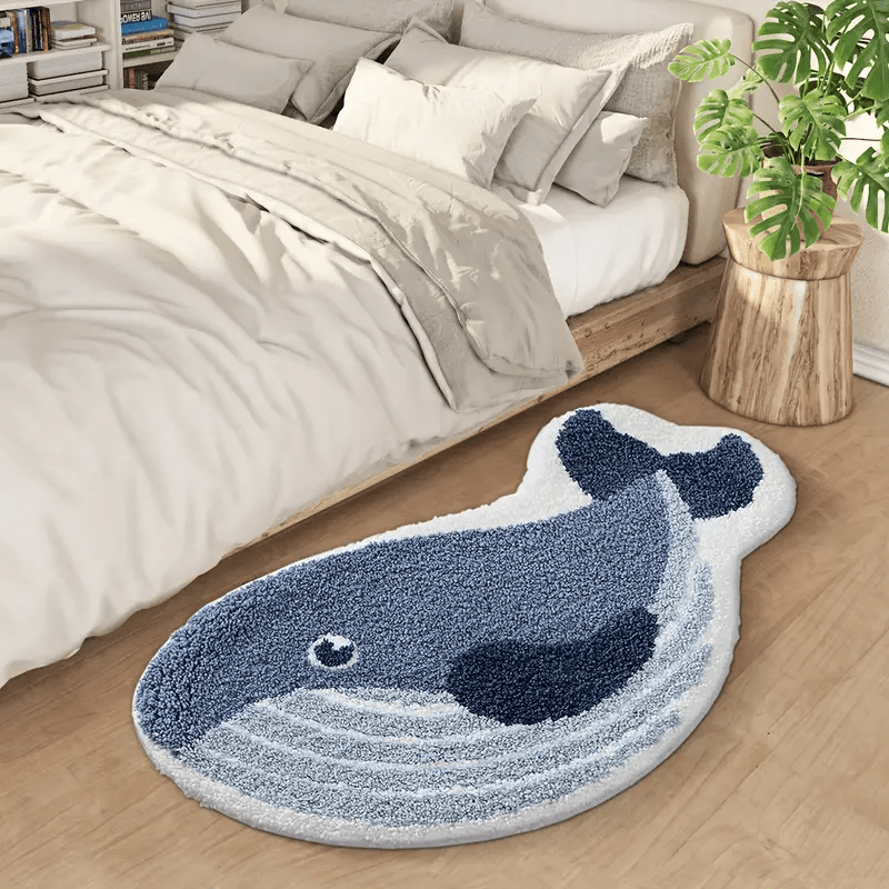 Whale-Shaped Plush Area Mat - Soft, Non-Slip, Washable Polyester Floor Mat with Realistic Whale Design, Ideal for Bedroom, Living Room, and Bathroom Decor, Bathroom Mat|Whale Motif|Machine Washable Mat, Whale Decor