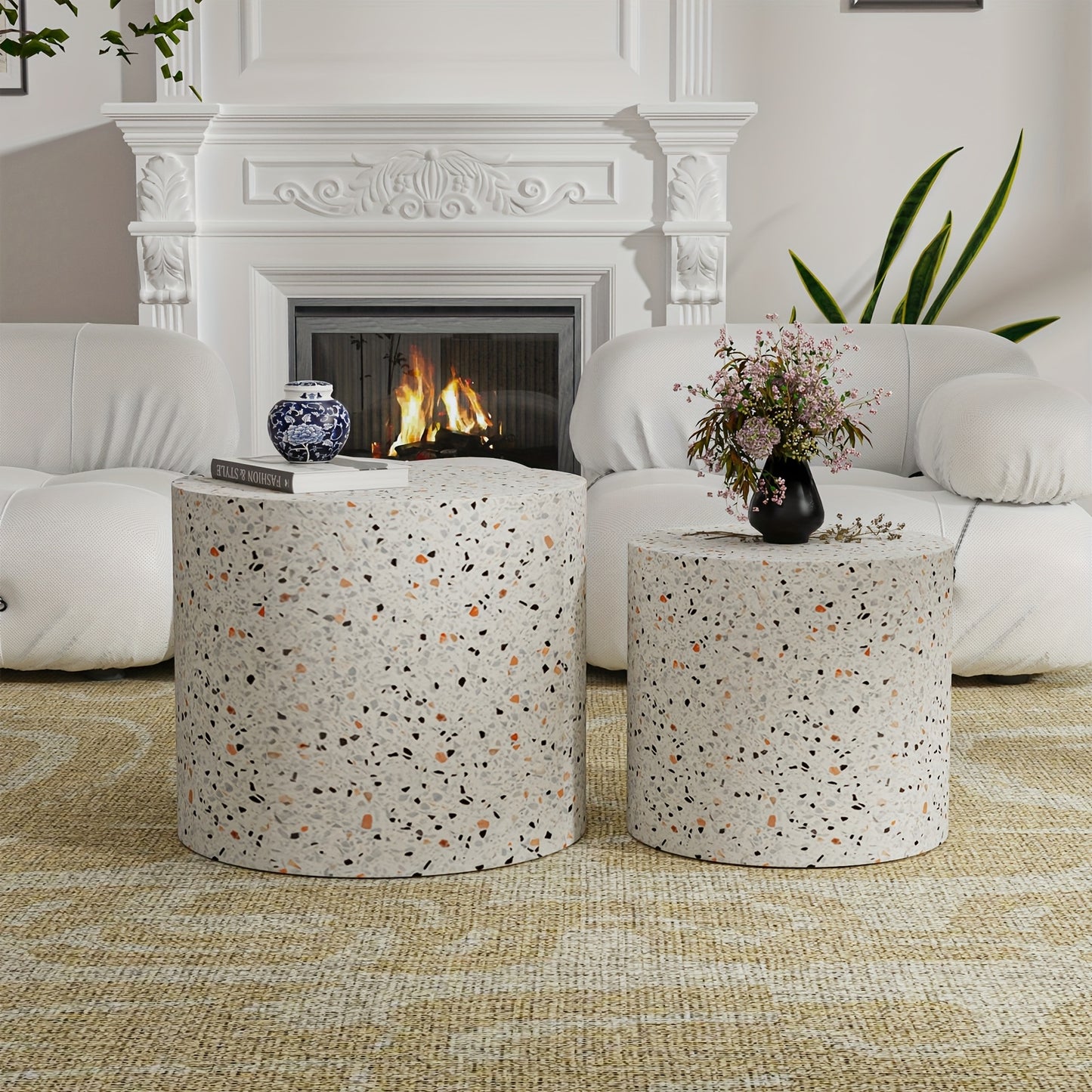 Round Nesting Coffee Table Set Of 2 Modern Round Coffee Tables For Living Room Terrazzo Grain Small Circular End Table Side Table For Bedroom Sofa Farmhouse