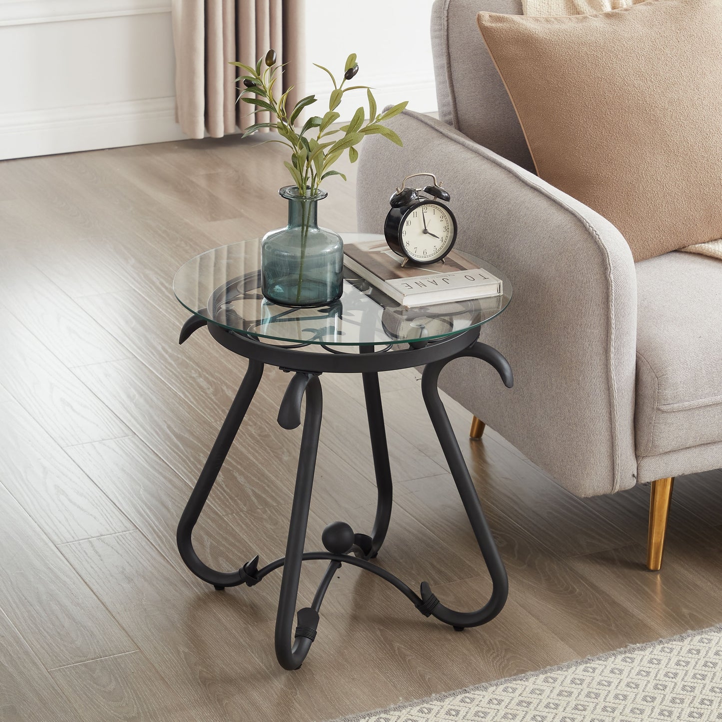Black Living Room Table 2 Piece Set, Small Glass Coffee Table Round + Side Table