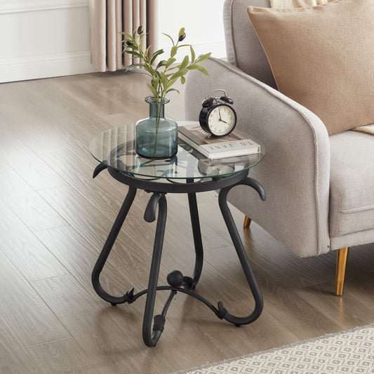 Black Living Room Table 2 Piece Set, Small Glass Coffee Table Round + Side Table