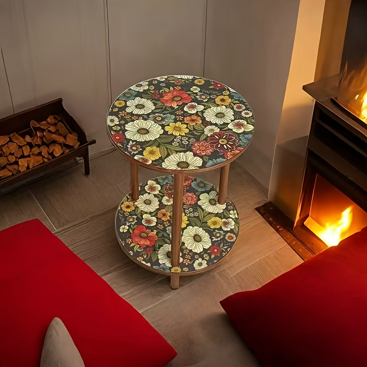 Retro Multifunctional Sofa Side Table & Balcony Coffee Table with Round Flower-Patterned Tabletop - Compact Space-Saving Design