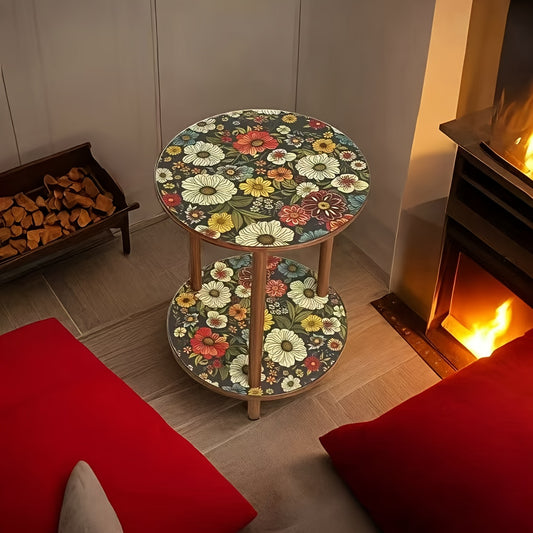 Retro Multifunctional Sofa Side Table & Balcony Coffee Table with Round Flower-Patterned Tabletop - Compact Space-Saving Design