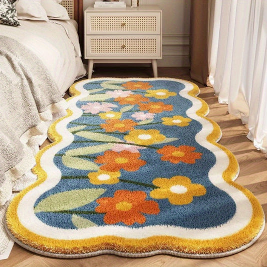 1pc, Romantic Cream Style Small Wave Cartoon Flower Bedroom Rug 10mm Thick Plush Soft Carpet Room Living Room Home Rug