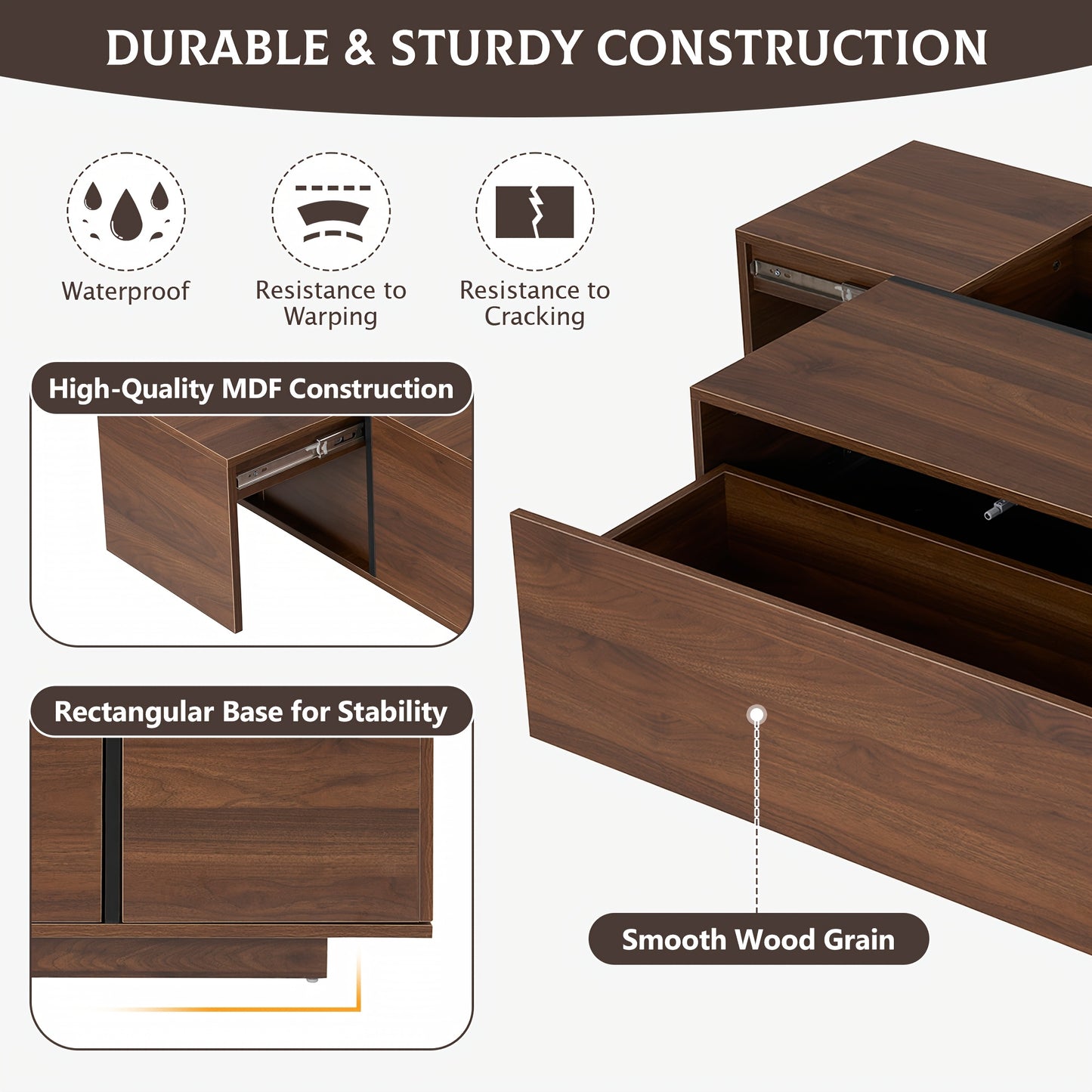 Rectangular Sliding Top Coffee Table with 2 Drawers And 2 Hidden Storage for Living Room 47.2\