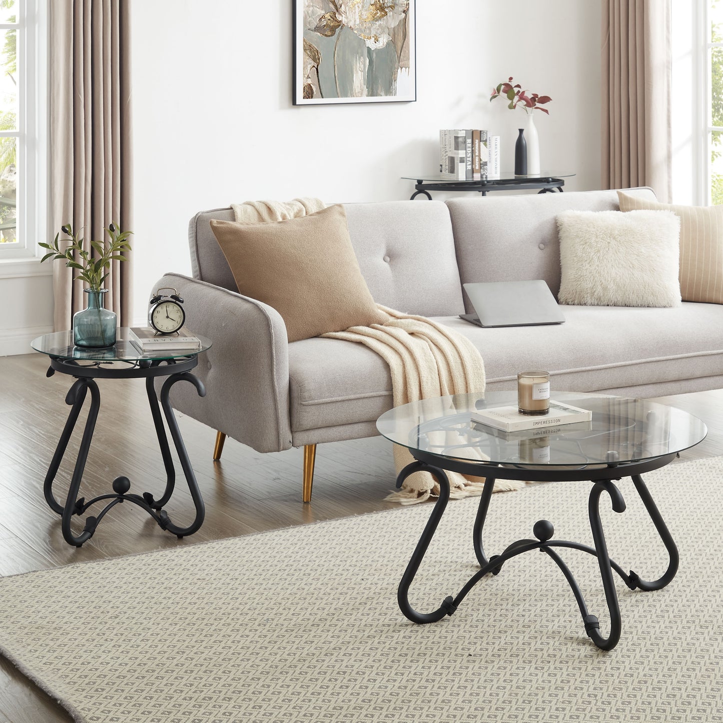 Black Living Room Table 2 Piece Set, Small Glass Coffee Table Round + Side Table