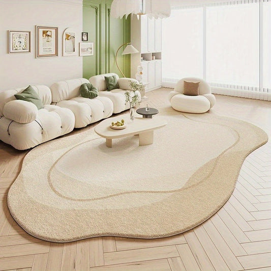 Soft Plush Cream Area Mat - Washable, Non-Slip, Irregular Shape, Suitable for Living Room and Bedroom Decor, Modern French Style, Light Green Background, Flowing Pattern, Comfortable and Elegant Design, Living Room Mat