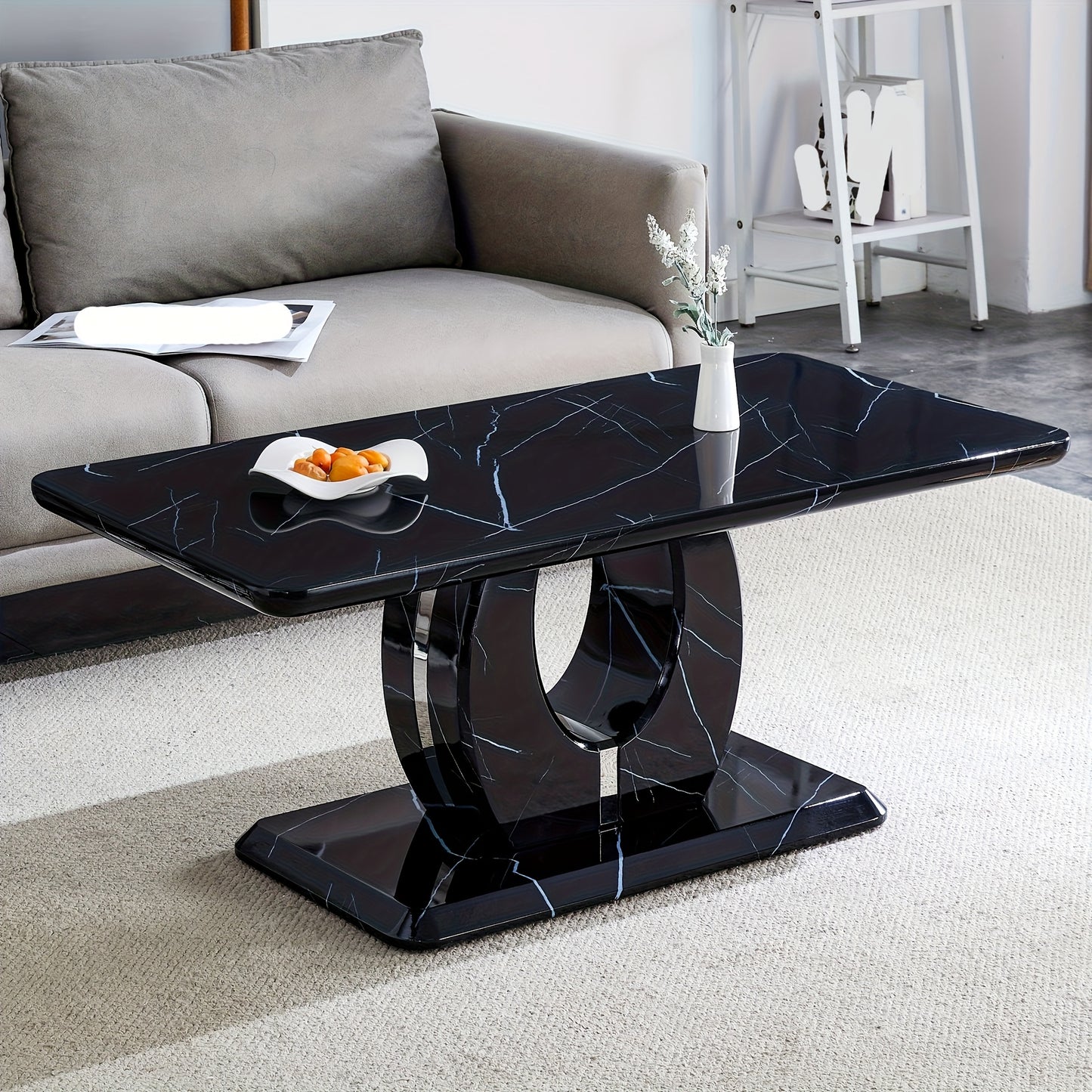 Modern Minimalist Black Faux Marble Pattern Sticker Pattern Rectangular Coffee Table, Large Modern Versatile Coffee Table For Living Room, Rectangular Center Table Tea Table Accent Furniture, Suitable For Multiple Scenarios, Easy To Install (Black)