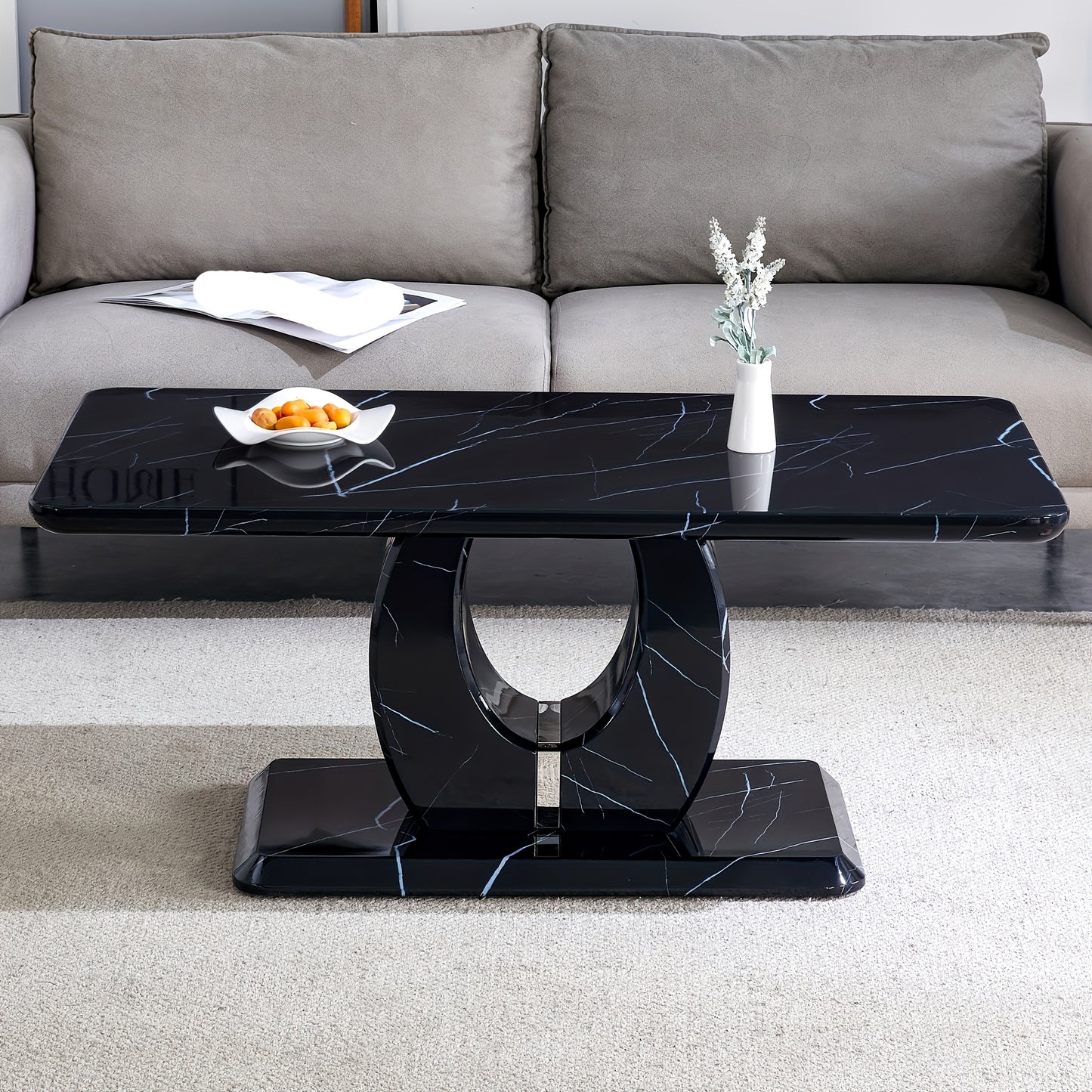 Modern Minimalist Black Faux Marble Pattern Sticker Pattern Rectangular Coffee Table, Large Modern Versatile Coffee Table For Living Room, Rectangular Center Table Tea Table Accent Furniture, Suitable For Multiple Scenarios, Easy To Install (Black)