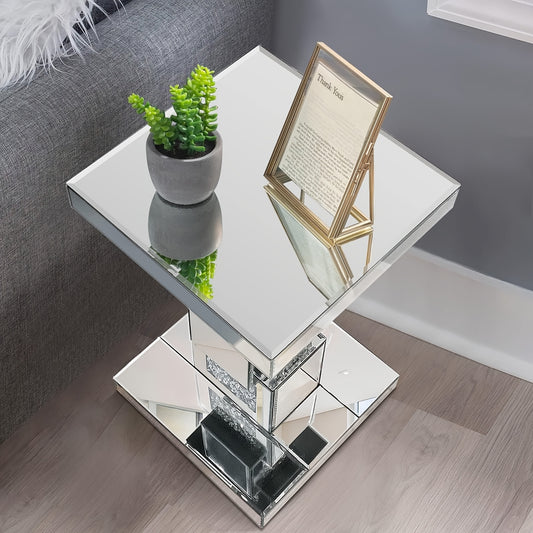 Modern Mirror Side Table Accent Table, Square Small Mirror Coffee Table Office Living Room