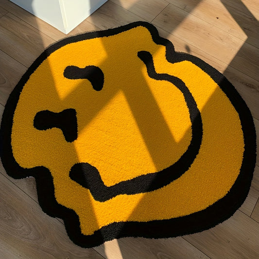 Handmade Plush Mat - Smiling Face Design (Black\u002FBeige) with Plush Pile, Soft Striped Irregular Smiling joyful Face (Smiling Eyes) - Room,, Bedroom, Bathroom - Easy-Clean Rubber Backing, Handmade (Low