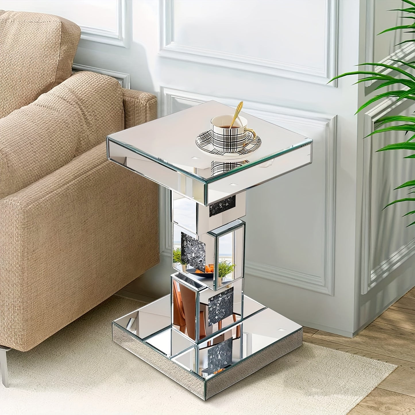 Modern Mirror Side Table Accent Table, Square Small Mirror Coffee Table Office Living Room