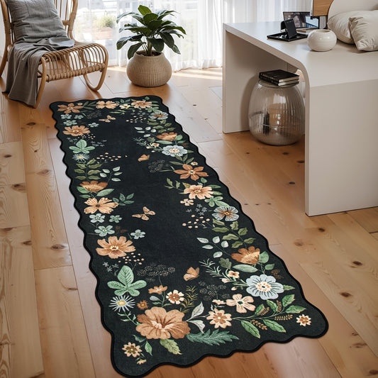 Large Ultra-Thin Floral Area Mat – Washable, Non-Slip,, Lightweight Boho Decor for Bedroom, Living Room, or Office (Black\u002FGrey)