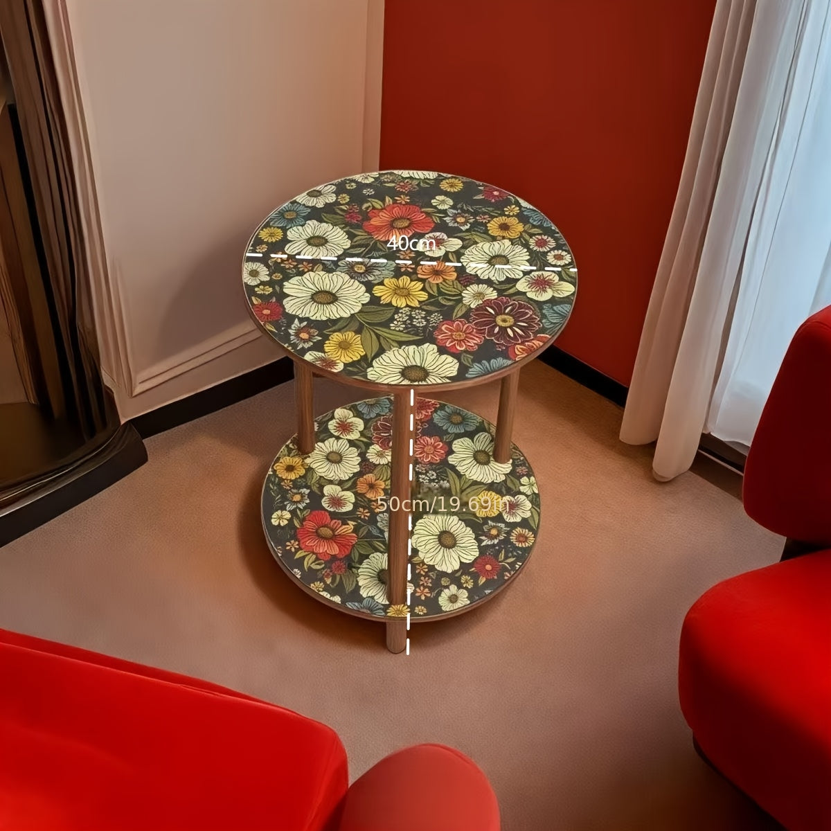 Retro Multifunctional Sofa Side Table & Balcony Coffee Table with Round Flower-Patterned Tabletop - Compact Space-Saving Design