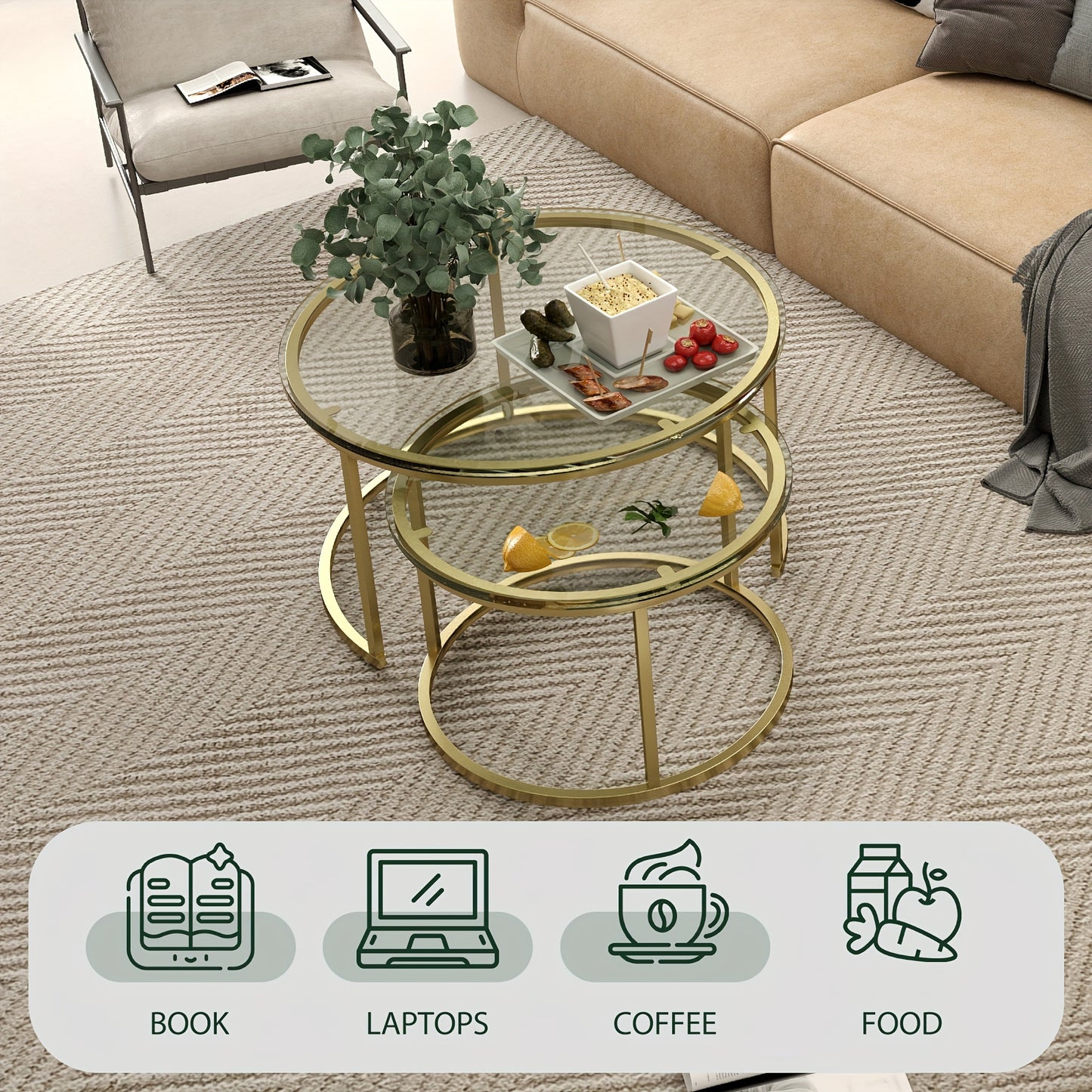 31.5 Inch Round Nesting Coffee Table Set, 2 Piece, Small Nesting Tables