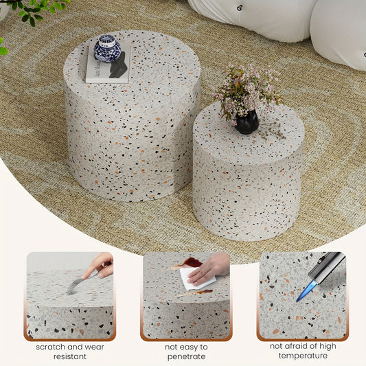 Round Nesting Coffee Table Set Of 2 Modern Round Coffee Tables For Living Room Terrazzo Grain Small Circular End Table Side Table For Bedroom Sofa Farmhouse