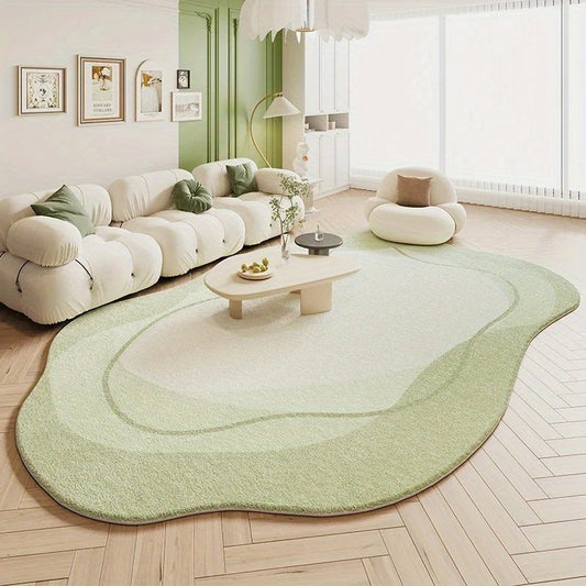 Soft Plush Cream Area Mat - Washable, Non-Slip, Irregular Shape, Suitable for Living Room and Bedroom Decor, Modern French Style, Light Green Background, Flowing Pattern, Comfortable and Elegant Design, Living Room Mat