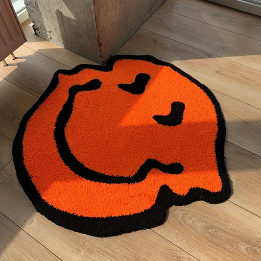 Handmade Plush Mat - Smiling Face Design (Black\u002FBeige) with Plush Pile, Soft Striped Irregular Smiling joyful Face (Smiling Eyes) - Room,, Bedroom, Bathroom - Easy-Clean Rubber Backing, Handmade (Low