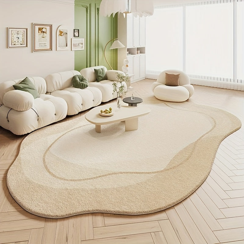 Soft Plush Cream Area Mat - Washable, Non-Slip, Irregular Shape, Suitable for Living Room and Bedroom Decor, Modern French Style, Light Green Background, Flowing Pattern, Comfortable and Elegant Design, Living Room Mat