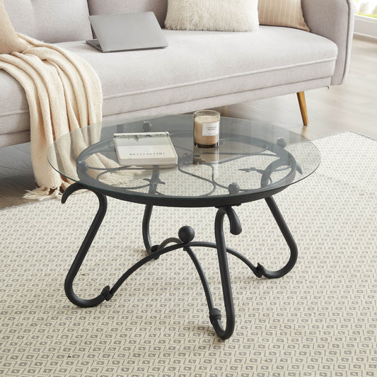 Black Living Room Table 2 Piece Set, Small Glass Coffee Table Round + Side Table