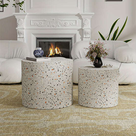 Round Nesting Coffee Table Set Of 2 Modern Round Coffee Tables For Living Room Terrazzo Grain Small Circular End Table Side Table For Bedroom Sofa Farmhouse