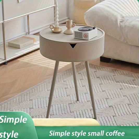1pc Modern European Cream-Colored Round Side Table with Storage - Sleek Office Coffee Table